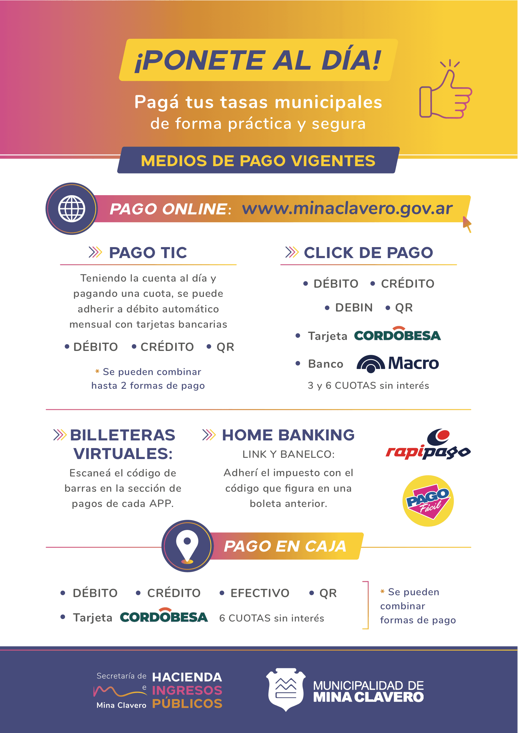 Medios de pago disponibles de la Municipalidad de Mina Clavero.